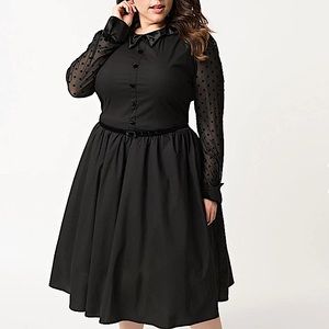 Retrolicious Black Fit-and-Flare Dress with Sheer Polka-Dot Sleeves